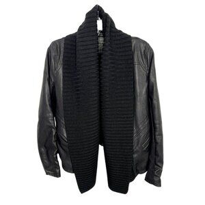 BlankNYC Black Leather Jacket with Chunky Ribbed Knit Shawl Collar- Size S